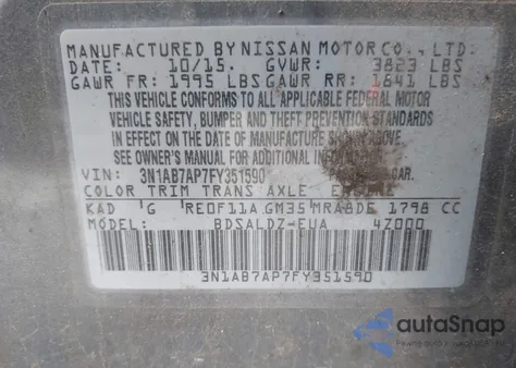 2015 Nissan Sentra Sv from USA, damaged, VIN 3N1AB7AP7FY351590
